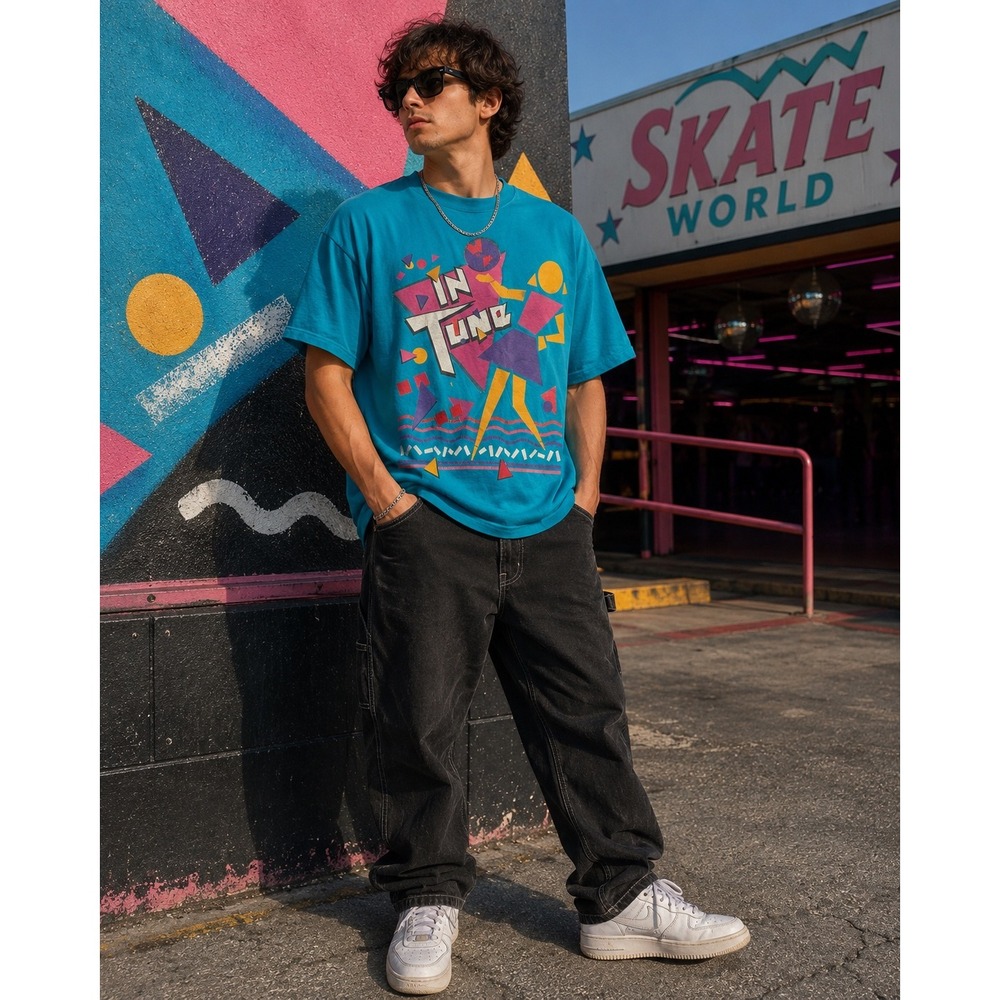 Vintage 80s Hanes Fifty-Fifty In Tune Graphic T-Shirt Teal Blue Single Stitch XL
